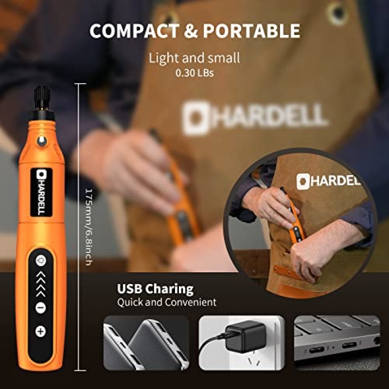 HARDELL 미니 무선 회전 도구, 61개 액세서리가 포함된 5단 및 USB 충전 회전 도구 키트, 샌딩, 연마, 드릴링, 에칭, 조각, DIY 공예용 다목적 3.7V 전원 회전 도구