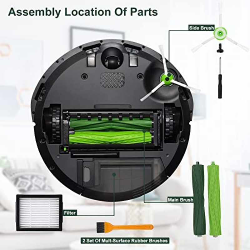 iRobot Roomba E/i/j 시리즈, E5 E6 E7 i2 i3 i3+i4 i4+ i6 i6+ i7 i7+ i8 i8+/Plus용 교체 부품 18팩, 다중 표면 고무 롤러 브러시 2세트 필터 8개 측면 브러시 8개