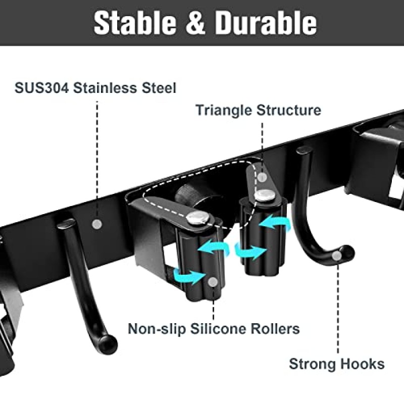 ANEDER 걸레 및 빗자루 홀더 벽 마운트 4 랙 및 5 후크 빗자루 정리함 보관 도구 랙 가정용 주방 정원 세탁 차고용 스테인레스 스틸 헤비 듀티 후크