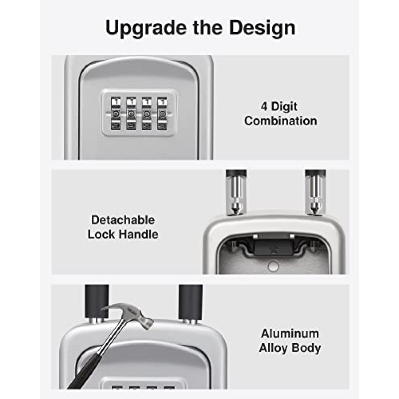 푸로마 열쇠 잠금 상자, 4자리 조합 키 보관 잠금 상자, 가정용, 아파트, 부동산 중개인 차고 예비 키용 휴대용 벽걸이형 보안 잠금 상자(1팩, 실버)