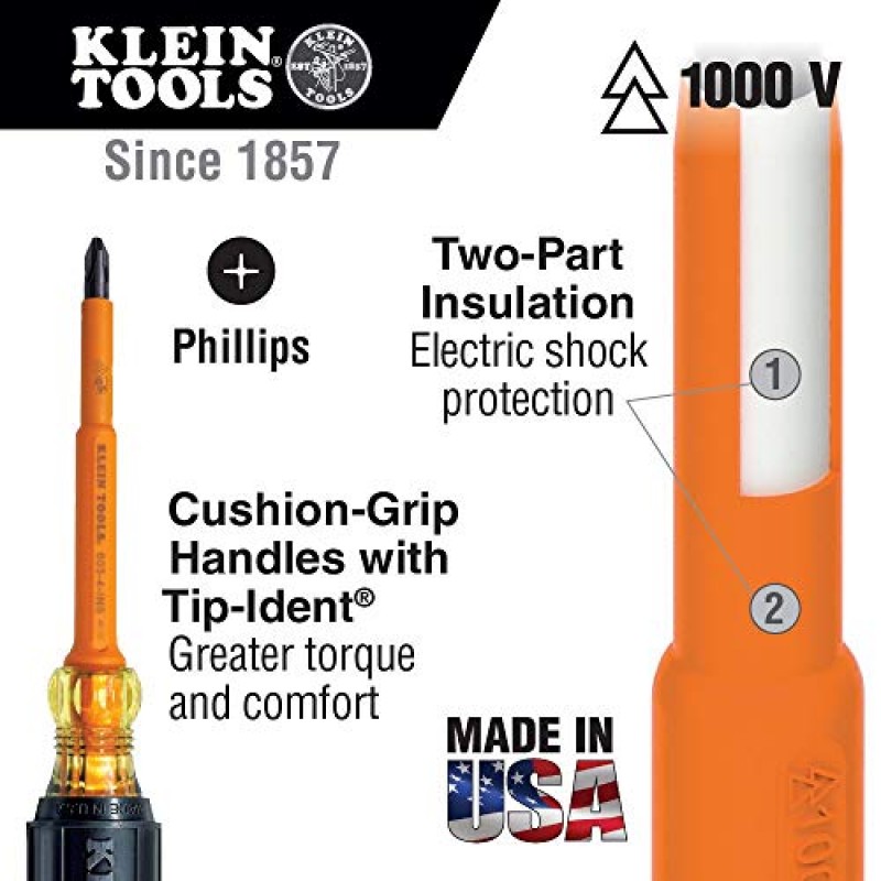 Klein Tools 33532-INS 전기 절연 스크루드라이버 2개 세트, 4인치 십자 및 캐비닛 세트, 미국산