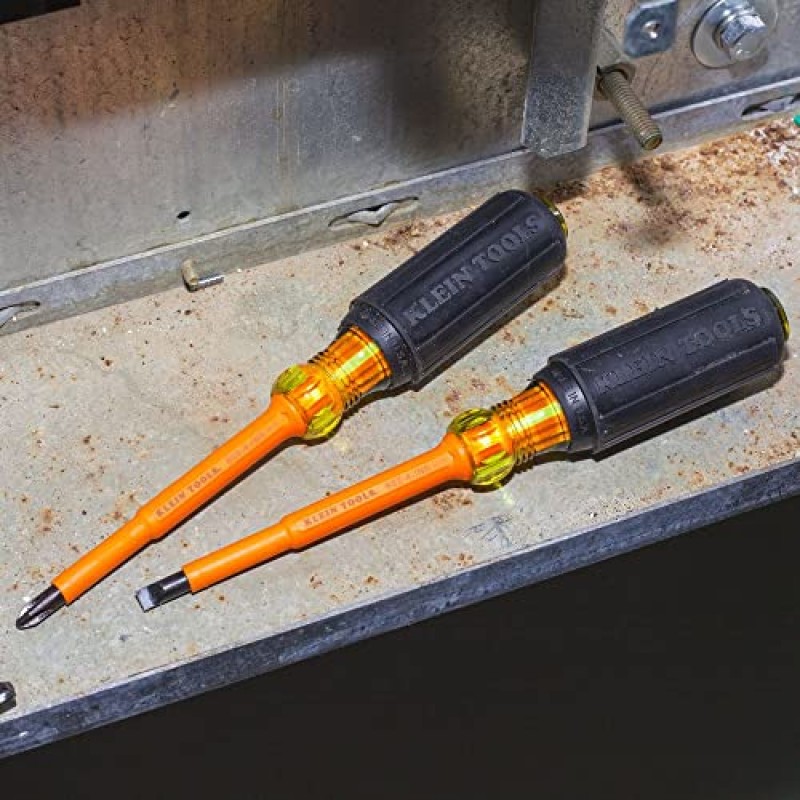 Klein Tools 33532-INS 전기 절연 스크루드라이버 2개 세트, 4인치 십자 및 캐비닛 세트, 미국산