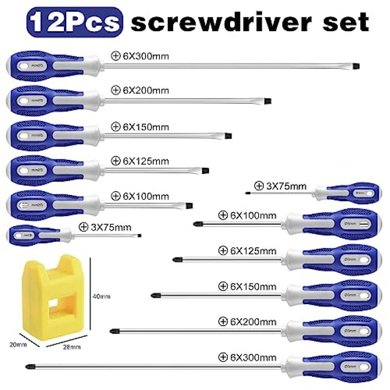 자기 긴 드라이버 세트 12개, 필립스 6개 및 일자형 정밀 드라이버 6개, 전문 쿠션 그립 및 주택 개량 공예 수리용 미끄럼 방지(연한 파란색, 12개)