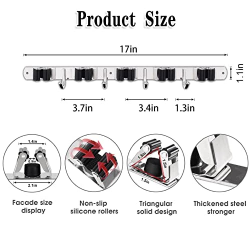 2 팩 걸레 및 빗자루 홀더 벽걸이 형, 랙 5 개 및 후크 4 개 빗자루 정리함 보관 도구 랙 스테인레스 스틸 헤비 듀티 후크 자체 접착 가정용 주방 정원 세탁 차고 용 견고한 미끄럼 방지
