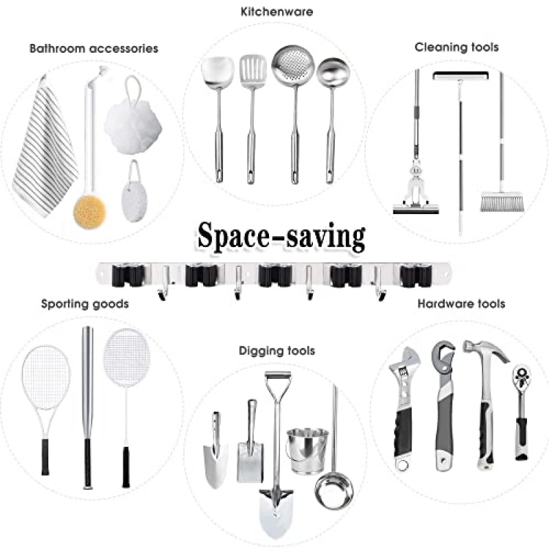 2 팩 걸레 및 빗자루 홀더 벽걸이 형, 랙 5 개 및 후크 4 개 빗자루 정리함 보관 도구 랙 스테인레스 스틸 헤비 듀티 후크 자체 접착 가정용 주방 정원 세탁 차고 용 견고한 미끄럼 방지