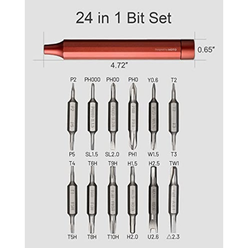 HOTO P1 드라이버 세트, 24-in-1 정밀 드라이버 세트, 24개 견고한 S2 합금강 비트가 포함된 미니 드라이버 세트, 수동 펜 모양 소형 드라이버, 주택 개조 필요, 진사 빨간색