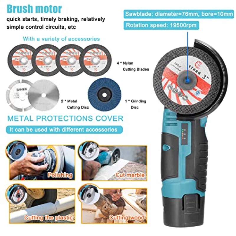 앵글 그라인더 도구, Geevorks 미니 앵글 그라인더 무선 12V 19500RPM, 2PCS 2000mAh 배터리, 나일론 커팅 블레이드-s/그라인딩 디스크/금속 커팅 디스크