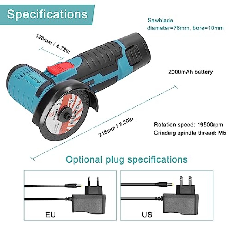 앵글 그라인더 도구, Geevorks 미니 앵글 그라인더 무선 12V 19500RPM, 2PCS 2000mAh 배터리, 나일론 커팅 블레이드-s/그라인딩 디스크/금속 커팅 디스크