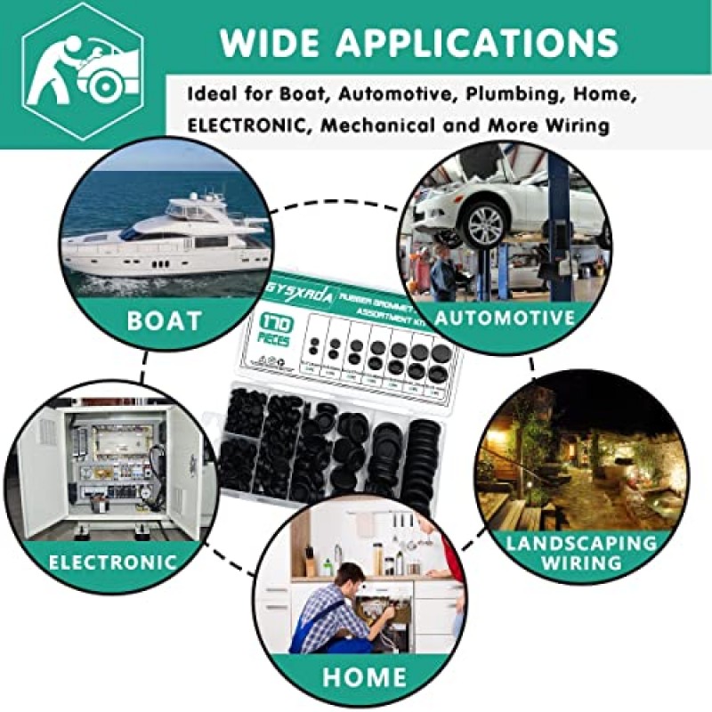 Gysxrda 고무 그로밋 키트 170 팩 - 검정색 방화벽 그로밋 모음 7개 크기 구멍, 전기, 배관, 자동차, 보트, 주택 개선 코드 와이어 파이프 조직용 고무 케이블 구멍 플러그