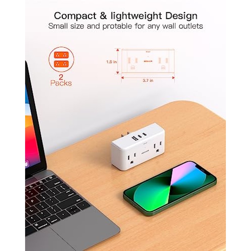 【2팩】멀티 플러그 콘센트 분배기, 4개의 AC 콘센트 확장기, 3개의 USB 벽면 충전기(2 USB C), 3면 콘센트 어댑터, 홈 오피스 기숙사 필수품용 다중 플러그 확장기