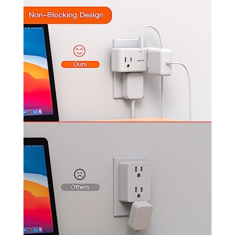 【2팩】멀티 플러그 콘센트 분배기, 4개의 AC 콘센트 확장기, 3개의 USB 벽면 충전기(2 USB C), 3면 콘센트 어댑터, 홈 오피스 기숙사 필수품용 다중 플러그 확장기