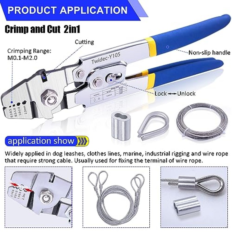 Twidec/와이어 로프 압착 도구 240PCS 1/16'알루미늄 압착 루프 슬리브 및 165FT 1/16' 304 스테인레스 스틸 와이어 로프 20PCS 와이어 로프 골무 및 와이어 로프 케이블 커터 키트 N-041로 최대 2.2mm