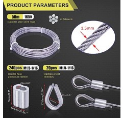 Twidec/와이어 로프 압착 도구 240PCS 1/16'알루미늄 압착 루프 슬리브 및 165FT 1/16' 304 스테인레스 스틸 와이어 로프 20PCS 와이어 로프 골무 및 와이어 로프 케이블 커터 키트 N-041로 최대 2.2mm