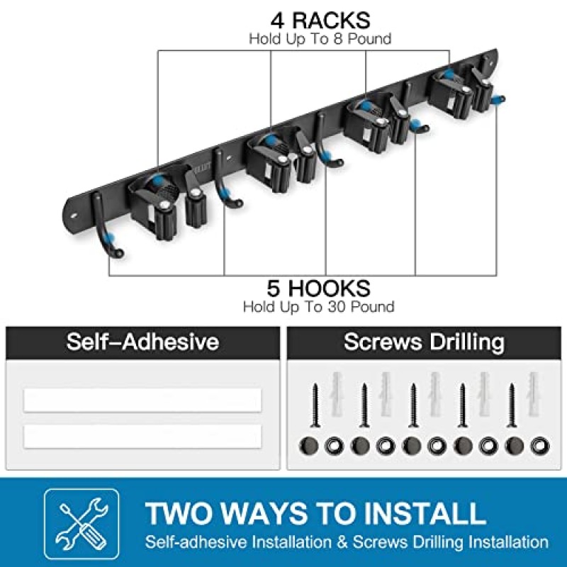 IMILLET 빗자루 및 걸레 홀더 벽 장착형, 빗자루 홀더 스테인레스 스틸 빗자루 정리함 헤비 듀티 도구 정리함 가정용 세탁실용 자체 접착 걸레 홀더 차고 정원(랙 4개 및 후크 5개)