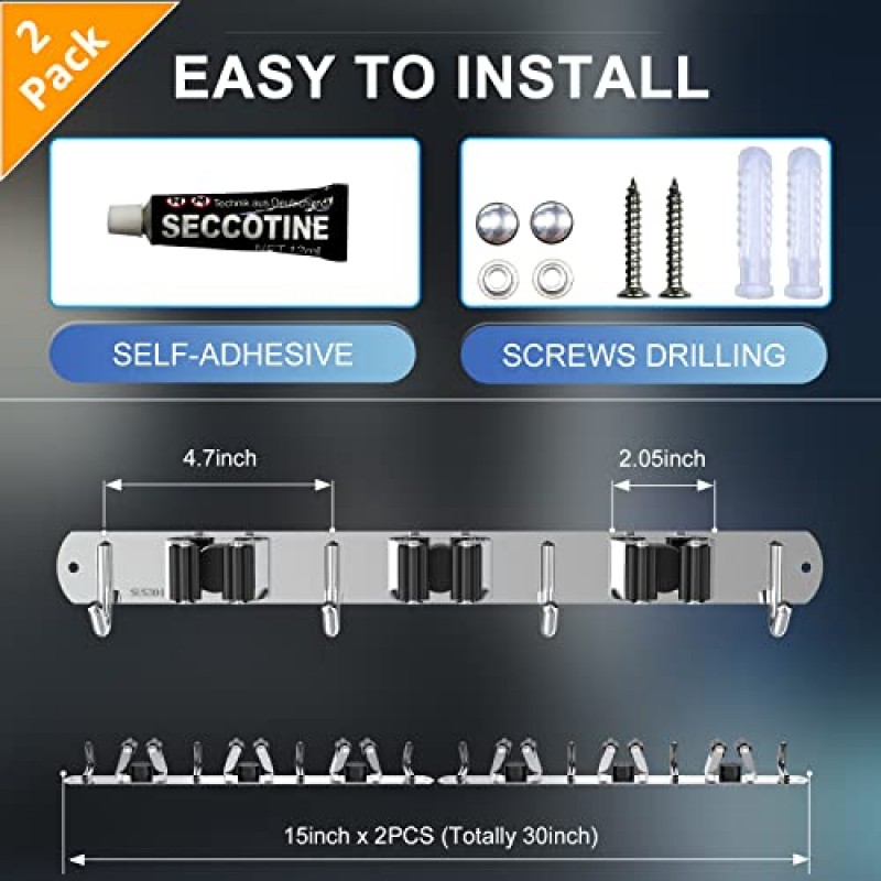 2 팩 걸레 빗자루 홀더 벽걸이, 빗자루 정리함 걸레 및 빗자루 보관 도구 랙 가정용 주방 정원 세탁 차고용 스테인레스 스틸 자체 접착 벽걸이 ZONGOOL(랙 3개, 후크 4개)