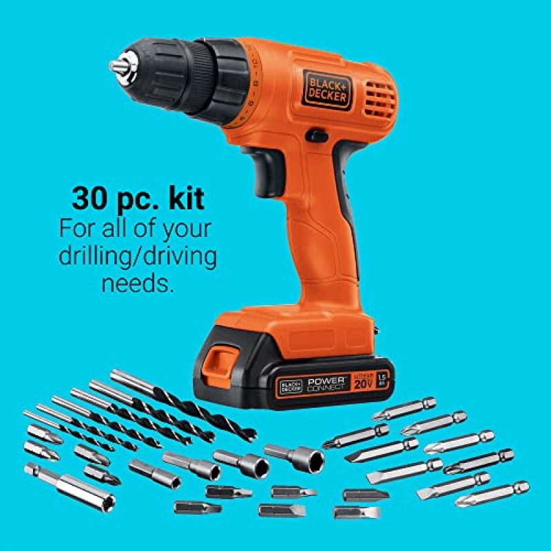 BLACK+DECKER 20V MAX* POWERECONNECT 무선 드릴/드라이버 + 30개 키트(LD120VA)