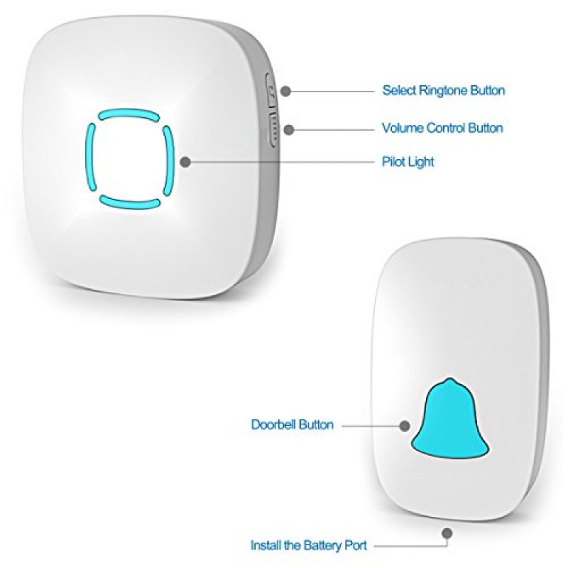 초인종, Lovin 제품 방수 무선 초인종 차임 키트(36개 차임 포함), 볼륨 조절 가능; 1000피트 작동, 가정용 사운드 LED 플래시 도어 벨 포함(수신기 1개 x 푸시 버튼 1개)