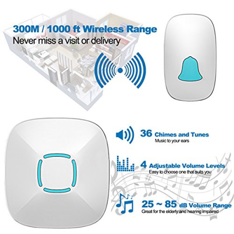 초인종, Lovin 제품 방수 무선 초인종 차임 키트(36개 차임 포함), 볼륨 조절 가능; 1000피트 작동, 가정용 사운드 LED 플래시 도어 벨 포함(수신기 1개 x 푸시 버튼 1개)