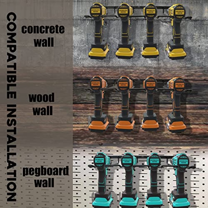 Vikerniel 드릴 홀더, 전동 공구 정리함, 80파운드 헤비 듀티 베어링 용량 차고 보관함, 벽걸이 4개 무선 금속 선반 홀더, 아버지날 선물을 위한 Dewalt 무선 도구용 유틸리티 보관 랙