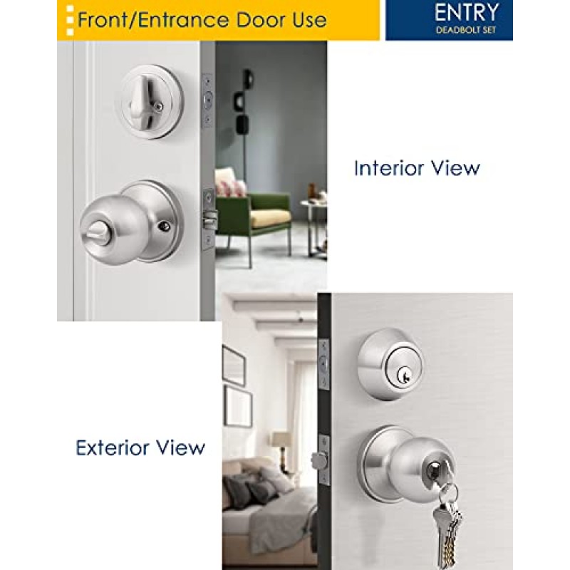 주택 개조 다이렉트 4팩 열쇠가 있는 출입문 손잡이 및 단일 실린더 데드볼트 잠금 콤보 세트 클래식 새틴 니켈 마감 처리된 현관 및 현관문 보안