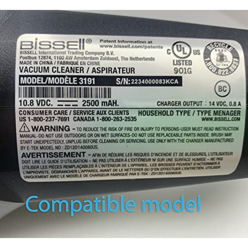 Bissell 3061 3190 3190A 31902 PowerSwift Ion Pet 3191 3191C 10.8V 리튬 이온 배터리 무선 Vacuum14V 0.8A 2-in-1 무선 스틱 진공 E-Tek ZD12D140080US용 교체 충전기