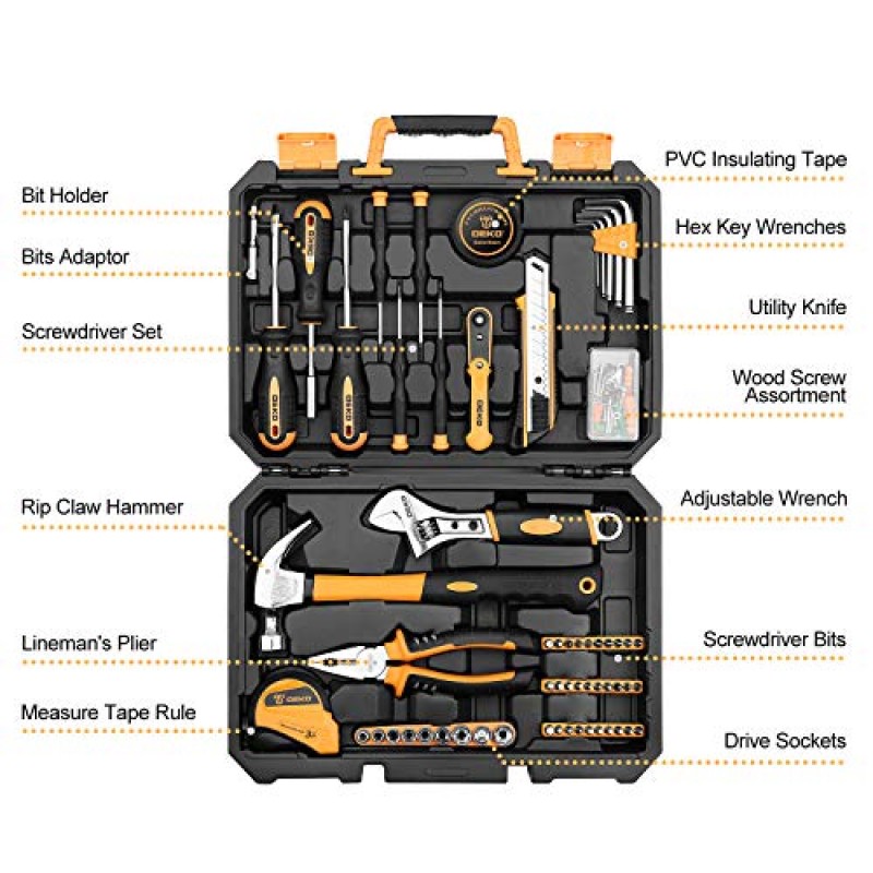 DEKOPRO 100 조각 도구 세트 홈 수리 도구 키트, 일반 가정용 손 도구 키트가있는 플라스틱 도구 상자 보관