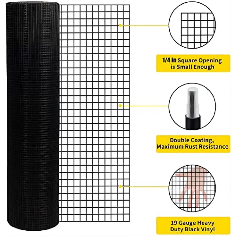 36인치×50피트 검정색 비닐 코팅 하드웨어 천, 19게이지 1/4인치 검정색 PVC 하드웨어 천, 검정색 용접 와이어 울타리는 가금류 그물 케이지-집 개선 및 닭장을 지원합니다.