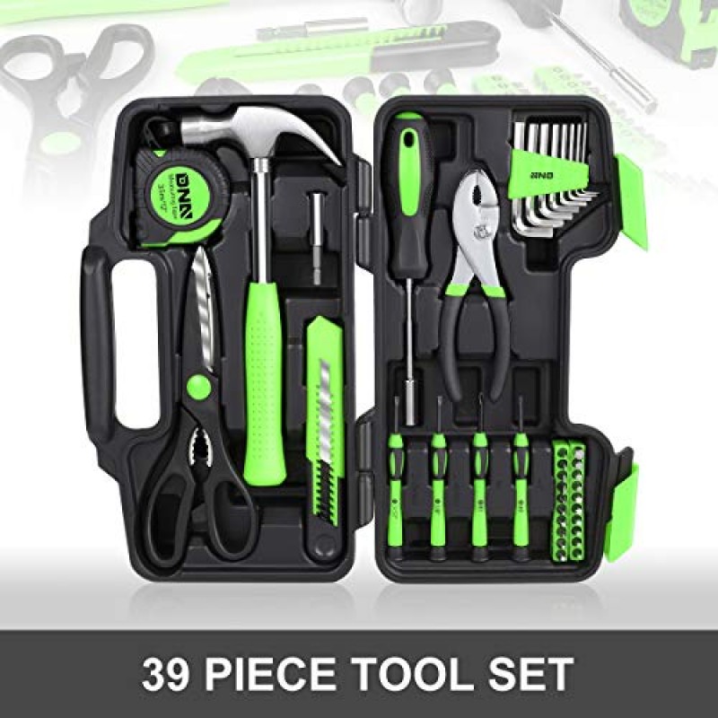 DNA MOTORING 녹색 39 PCs 휴대용 도구 키트 가정용 손 도구 상자 일반 수리 드라이버 펜치 해머 육각 (TOOLS-00010)