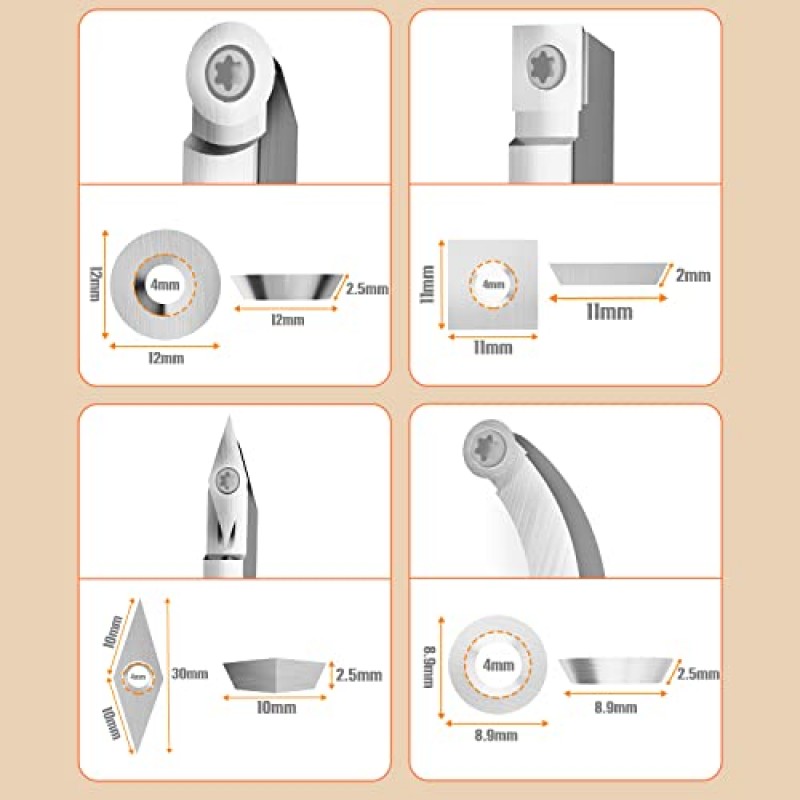 8Pcs 텅스텐 카바이드 커터 인서트 세트 목재 선반 터닝 도구, WenCrew 범용 카바이드 팁 팁 커터 도구 액세서리 (11mm 정사각형, 12mm 및 8.9mm 원형, 30x10mm 샤프 포인트 다이아몬드 포함)