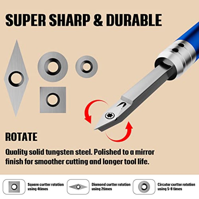 8Pcs 텅스텐 카바이드 커터 인서트 세트 목재 선반 터닝 도구, WenCrew 범용 카바이드 팁 팁 커터 도구 액세서리 (11mm 정사각형, 12mm 및 8.9mm 원형, 30x10mm 샤프 포인트 다이아몬드 포함)