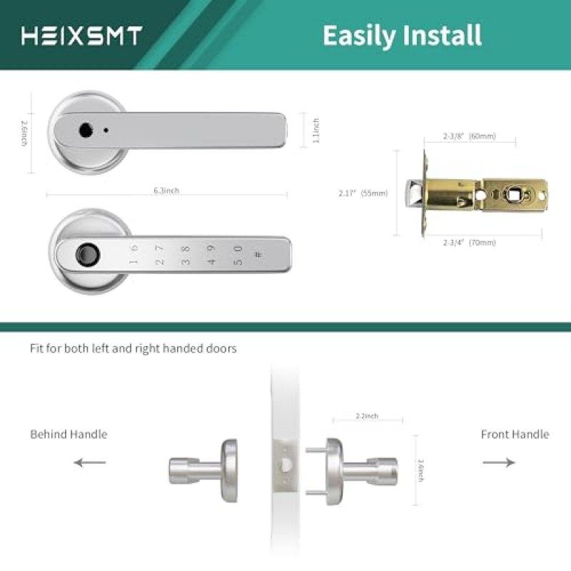 HEIXSMT 지문 인식 도어 잠금 장치, 열쇠가 없는 출입, 키패드가 있는 생체 인식 도어 잠금 장치, 비밀번호, 지문, 키 잠금 해제, 설치가 쉽고 가정, 아파트, 사무실, 침실에 적합 HT196 실버