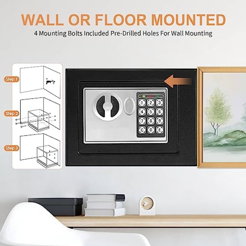 어린이용 방화 소형 금고, 0.23 Cu ft 프로그래밍 가능한 키패드가 있는 미니 방화 금고, 어린이용 디지털 금고 홈 호텔 비즈니스(17ef-black)