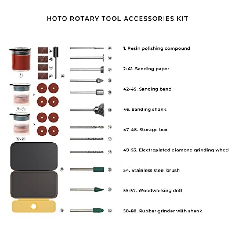 HOTO 로타리 도구 액세서리 키트, 60개 액세서리, 샌딩, 연삭, 절단, 드릴링, 샤프닝, 조각, 조각