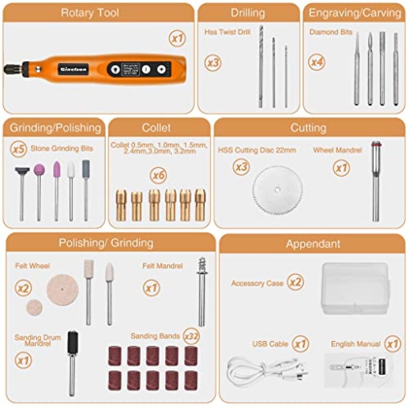 GINELSON 무선 회전 도구, LED 조명이 포함된 3.7V 리튬 이온 미니 회전 액세서리 키트, 드릴링, 제판, 샌딩, 연마 및 절단을 위한 60가지 액세서리가 포함된 5단 속도 및 USB 충전 전동 공구