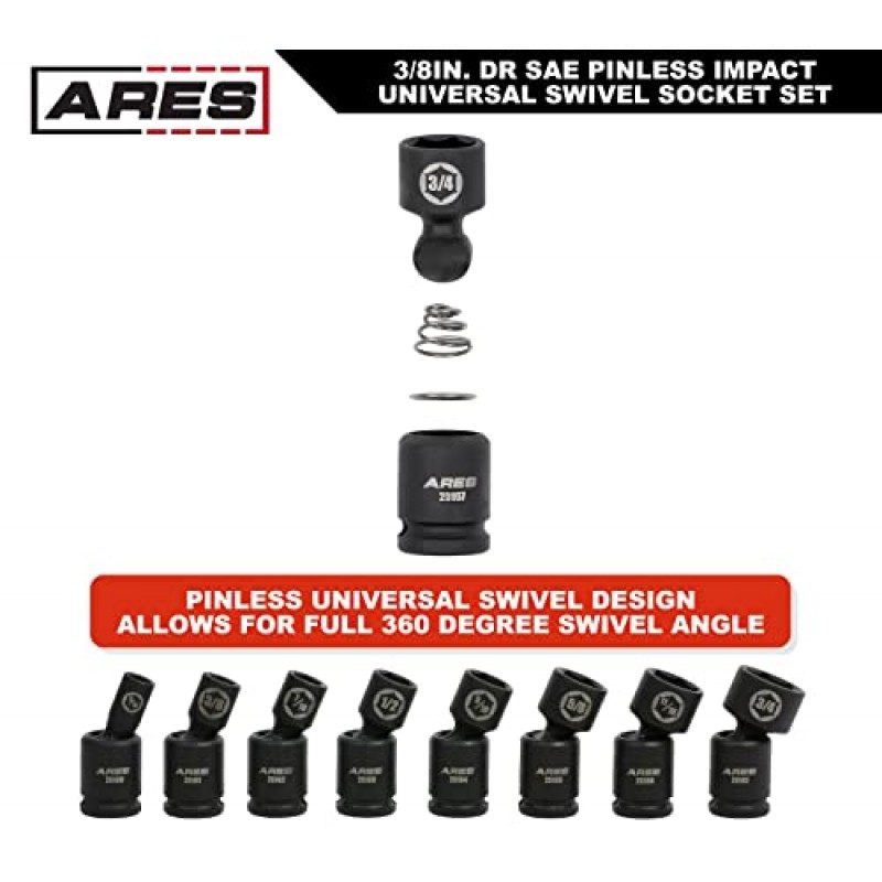 ARES 25159-8피스 SAE 핀리스 범용 스위블 임팩트 소켓 세트 - 3/8인치 드라이브 스위블 임팩트 소켓 접근하기 어려운 패스너에 접근 가능 - 핀 없는 디자인으로 부드러운 전체 360도 동작 가능