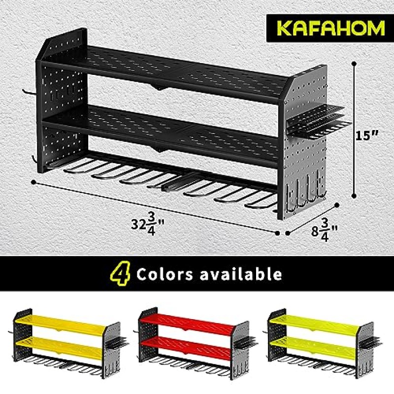 KAFAHOM 전동 공구 정리함, 2개의 측면 페그보드가 있는 대형 8 드릴 홀더 벽걸이, 12개의 후크가 있는 견고한 금속 공구 선반, 차고 정리용 보관 랙, 유틸리티 무선 드릴 홀더 및 배터리 선반 - 검정색