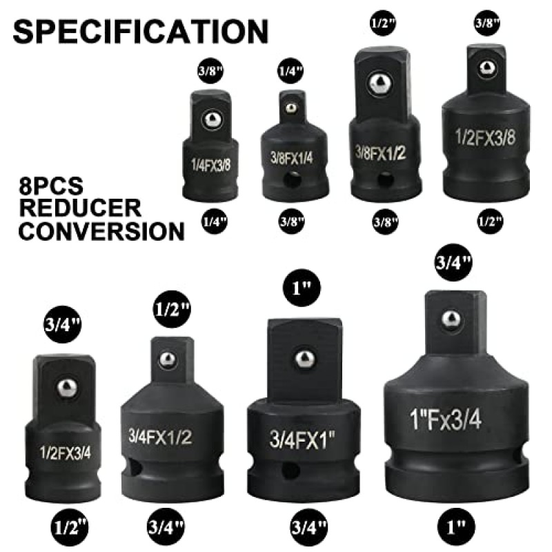 11개 임팩트 어댑터 세트 및 9개 연장 바 세트, 감속기 및 범용 조인트 회전 소켓 어댑터 세트, 1/4