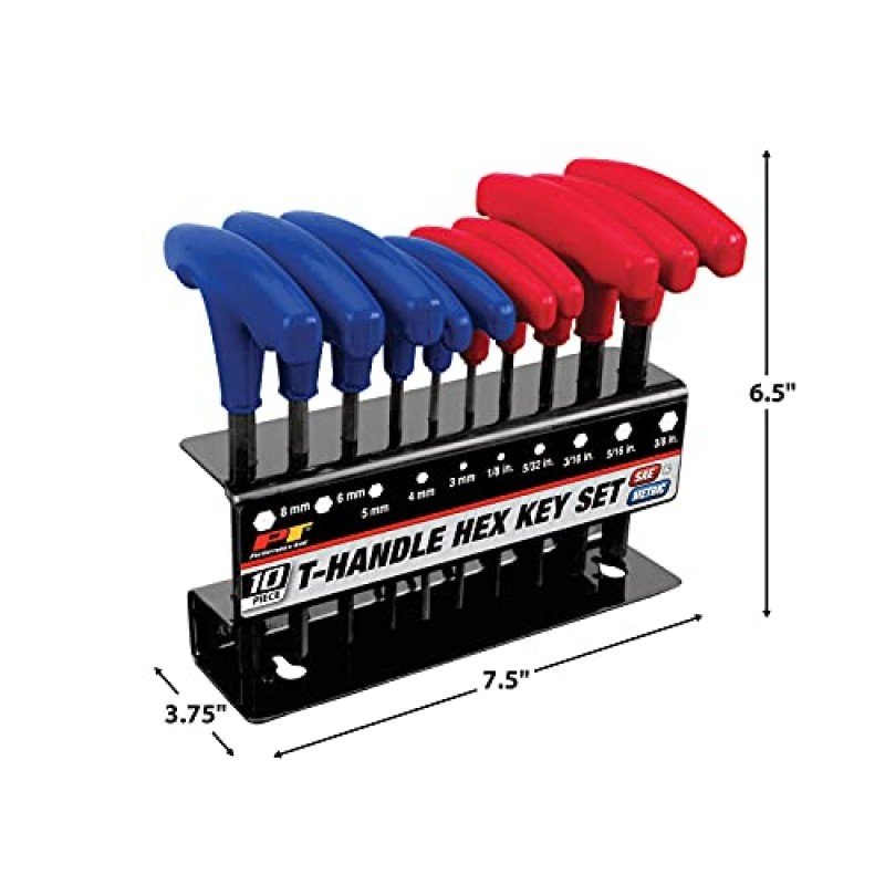 Performance Tool W80277 10피스 SAE 및 MetricT-핸들 알렌 렌치 세트, 긴 암 육각 키 렌치 세트