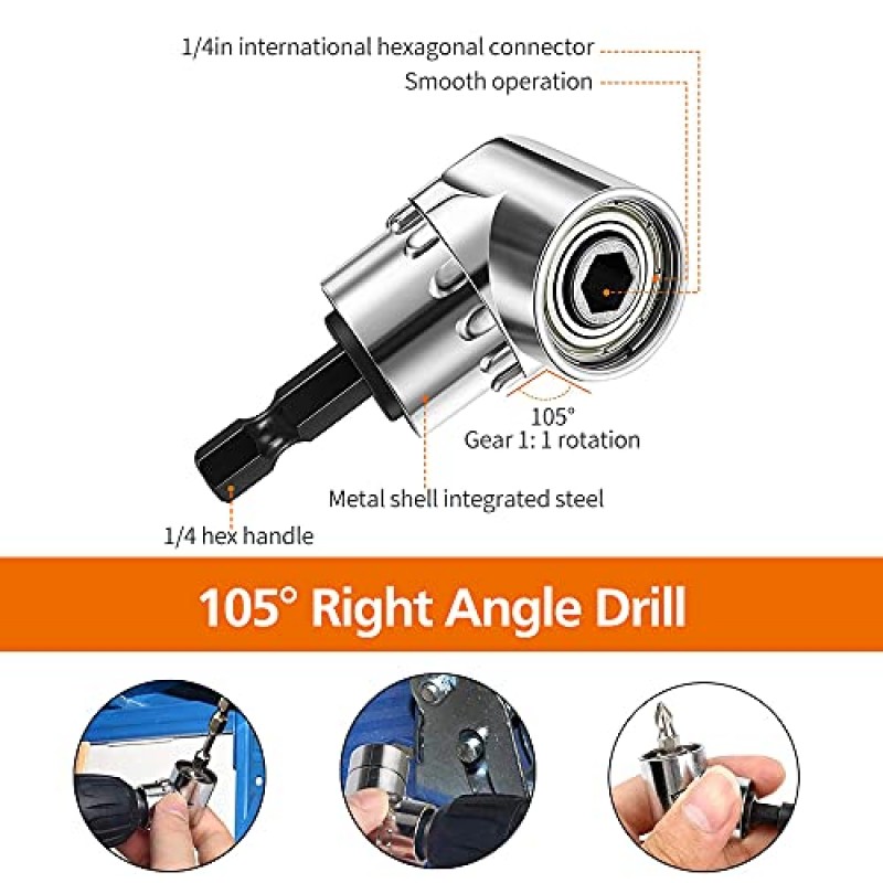 유연한 드릴 비트 확장 세트 및 범용 소켓 도구, 구부릴 수 있는 드릴 비트 확장 2개, 드릴 비트 홀더 3개, 360° 회전 가능/범용 소켓 어댑터 3개, 105° 직각 드릴(24개 키트)