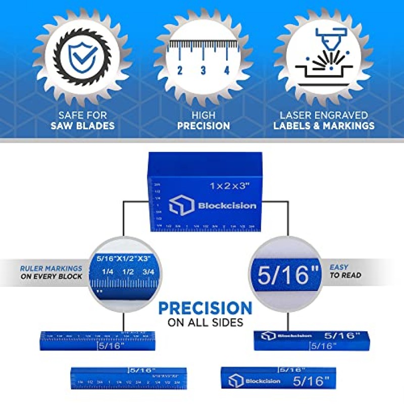 Blockcision 설정 블록 목공 도구 - 정밀 눈금자가 표시된 막대, 케이스, 목수 연필 및 사각형이 포함된 16피스 ​​게이지 블록 세트 - 라우터 및 테이블 톱 액세서리용 알루미늄 설정 바