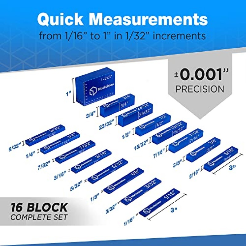 Blockcision 설정 블록 목공 도구 - 정밀 눈금자가 표시된 막대, 케이스, 목수 연필 및 사각형이 포함된 16피스 ​​게이지 블록 세트 - 라우터 및 테이블 톱 액세서리용 알루미늄 설정 바