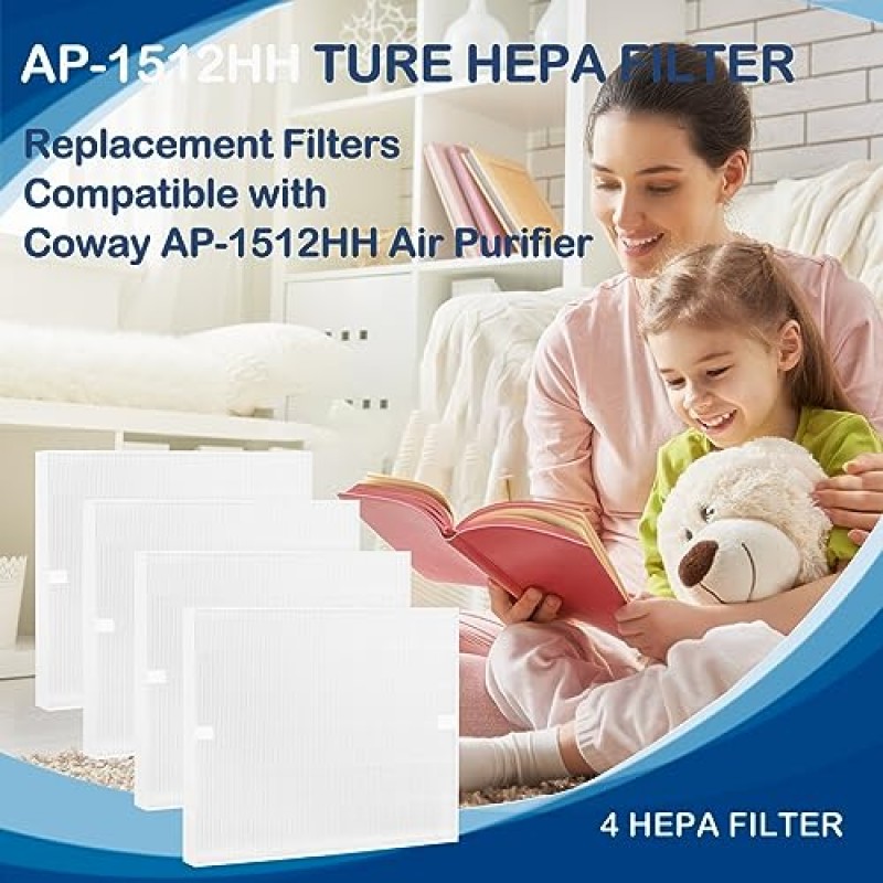 AP-1512HH 진정한 HEPA 필터 교체, Coway AP-1512HH와 호환 가능 AP1512HH 마이티 공기 청정기, AP-1512HH-FP, 품목 번호 #3304899, 4팩 HEPA 필터 전용