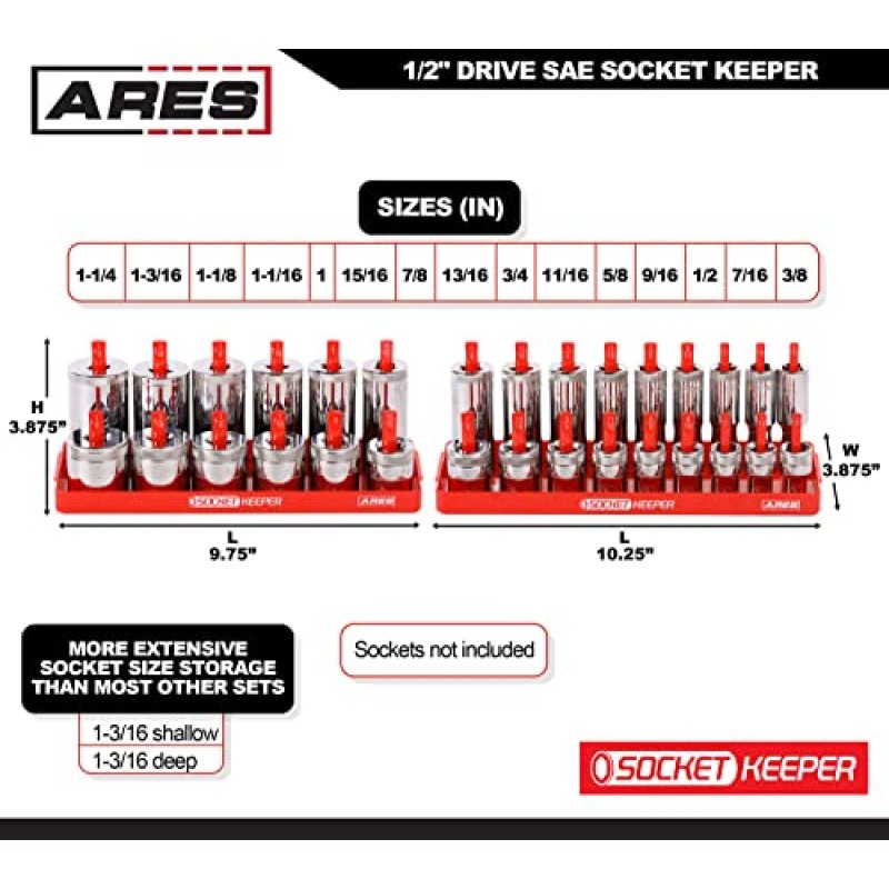 ARES 60141 – 8피스 미터법 및 SAE 소켓 키퍼 소켓 정리함 트레이 세트 – 검정색 및 빨간색 소켓 홀더 - 176개 표준 및 딥 소켓 저장