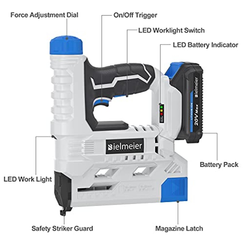 Bielmeier 20V 무선 브래드 네일러, 2 in 1 네일건 배터리 구동식 18게이지, 실내 장식 및 목공용 2.0Ah 전기 스테이플 건, 배터리, 충전기, 스테이플 및 손톱 포함