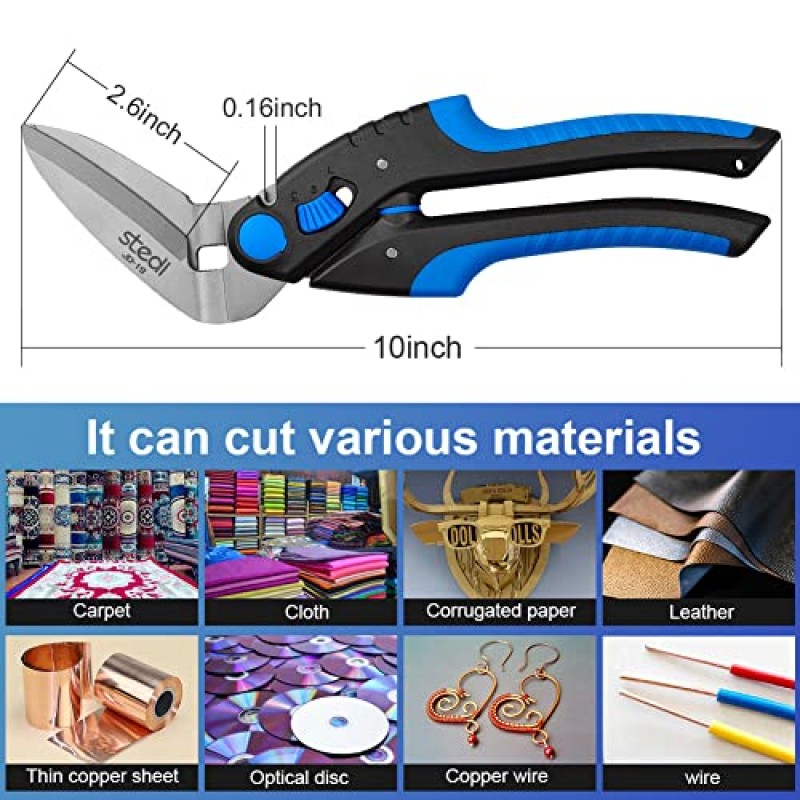 stedi 10인치 가위 고강도, 조절 가능한 손목 로프 및 TPR 편안한 손잡이 포함, 판지 및 카펫 가위, 가는 톱니 모양의 칼날 가정용, 사무실용 다용도 가위(파란색)