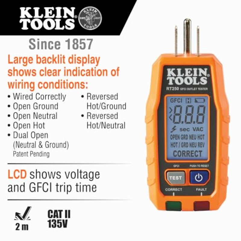 Klein Tools RT250 GFCI 콘센트 테스터(LCD 디스플레이 포함), 표준 3선 120V 전기 콘센트용 전기 전압 테스터