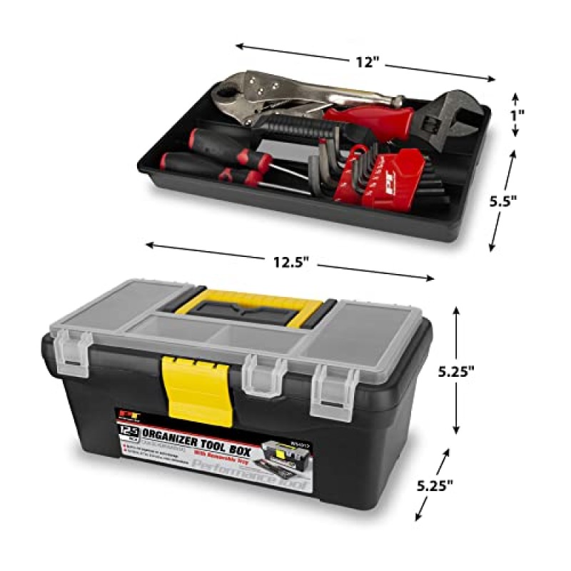 Performance Tool W54012 작업장 및 차고용 고강도 플라스틱 정리함 도구 상자, 검정색, 12.5인치