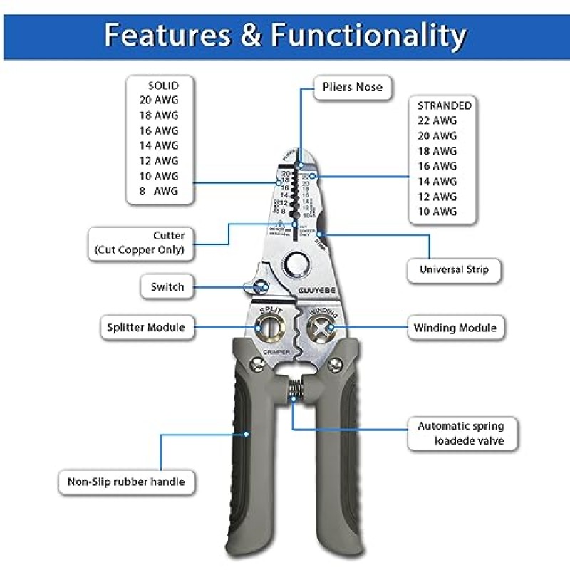 와이어 스트리퍼, 다기능 와이어 스트리퍼 절단 기능이 있는 전기 8 10 12 14 16 18 20 22 AWG 커터 플라이어 스플리터 권선 와이어 전기 기술자 및 DIY용 케이블 크림퍼 압착 도구 회색 GuuYebe