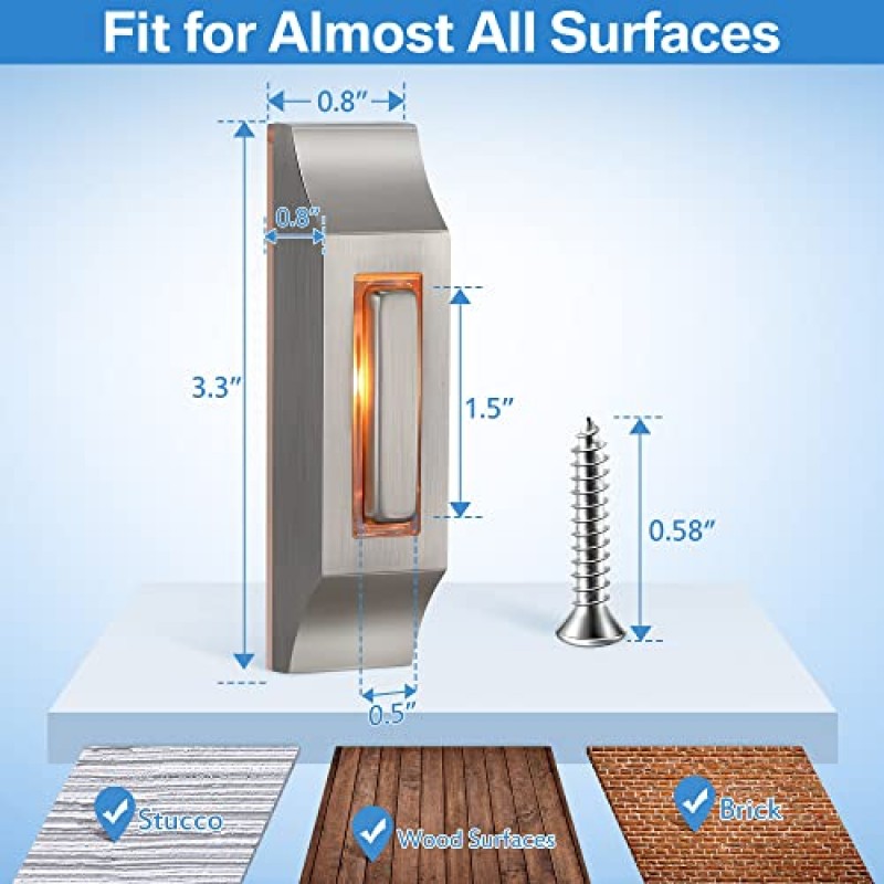 LED 조명 초인종 버튼, 가정용 견고하고 매끄러운 금속 벽 장착형 도어 벨 푸시 버튼, 범용 차고 도어 오프너 스위치, 다크 실버 (1)