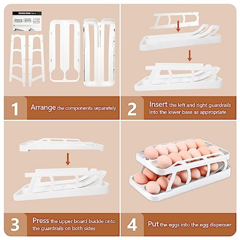 TUSGENK 계란 홀더 디스펜서, 이중 열 자동 계란 롤러 냉장고 롤링 계란 보관함, 2단 공간 절약형 냉장고용 계란 트레이 포함(흰색)